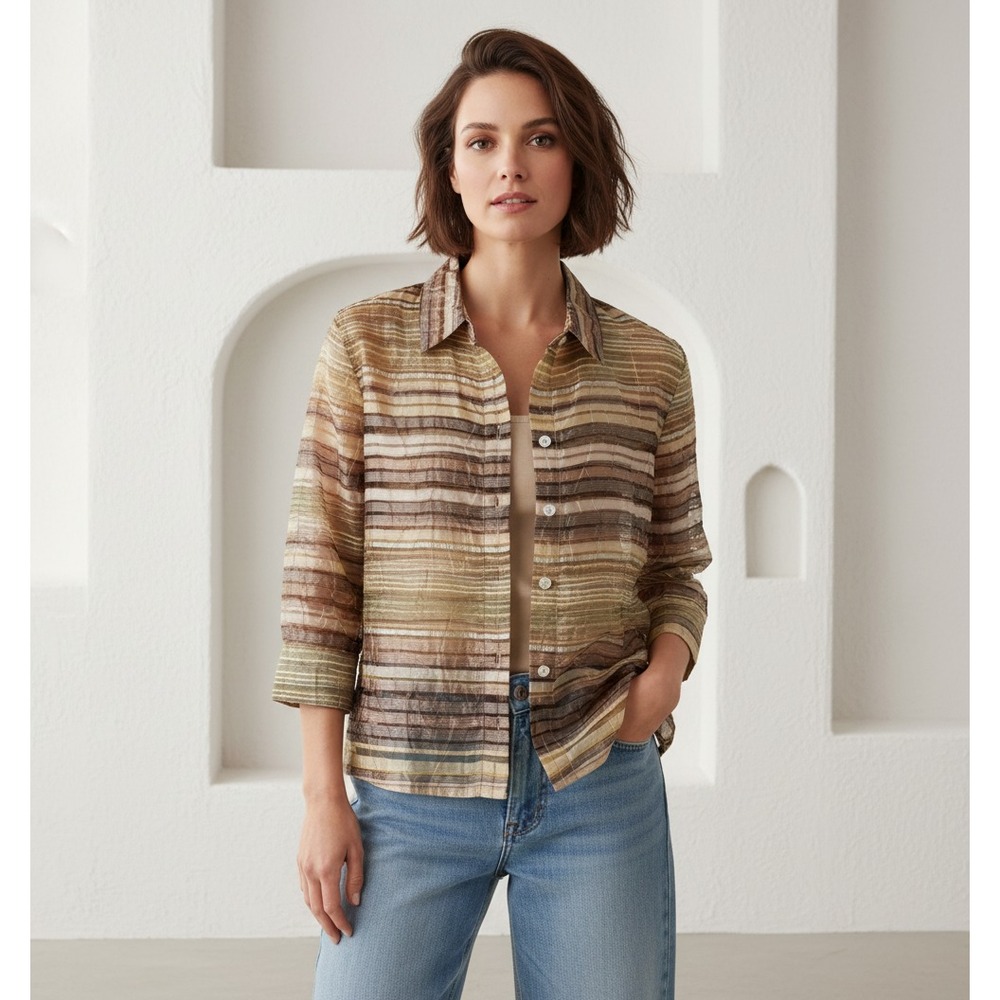 West End MP Top Brown Beige Yellow 3/4 Sleeve Sheer Petite Cottage Resort Boho